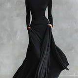 Noémie | Abito Lungo Nero con Scollatura Bateau & Drappeggio Elegante