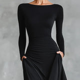 Noémie | Abito Lungo Nero con Scollatura Bateau & Drappeggio Elegante