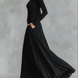 Noémie | Abito Lungo Nero con Scollatura Bateau & Drappeggio Elegante