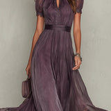 Flavia | Abito Lungo Elegante Viola Scollo a Goccia Pizzo