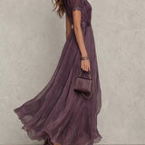 Flavia | Abito Lungo Elegante Viola Scollo a Goccia Pizzo