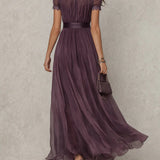 Flavia | Abito Lungo Elegante Viola Scollo a Goccia Pizzo