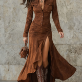 Lisette | Vestito Lungo Retro Marrone con Volant