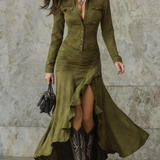 Lisette | Vestito Lungo Retro Marrone con Volant
