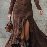 Lisette | Vestito Lungo Retro Marrone con Volant