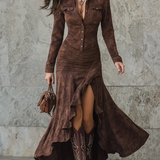 Lisette | Vestito Lungo Retro Marrone con Volant