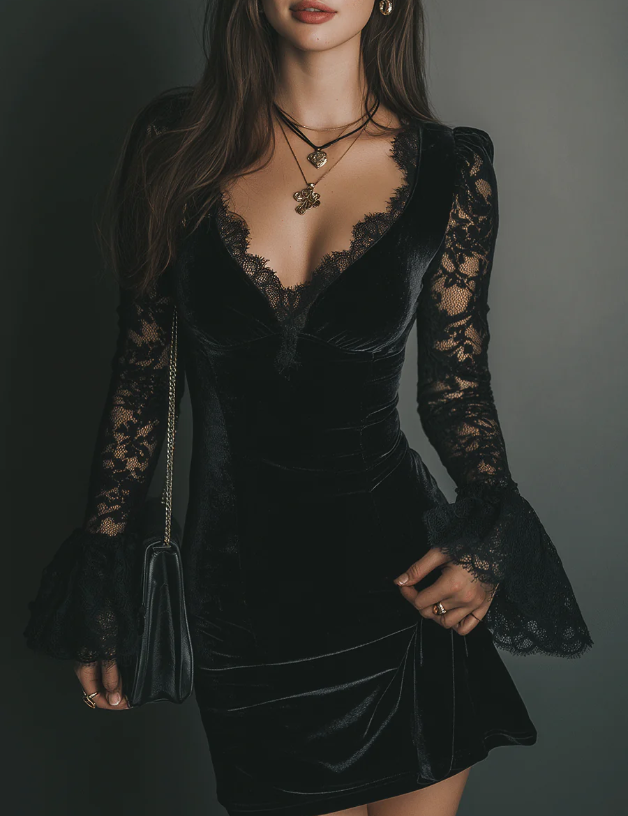 Mélanie | Vestito Mini in Velluto & Pizzo Luna