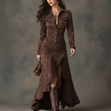 Lisette | Vestito Lungo Retro Marrone con Volant