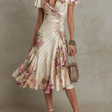 Abito midi in satin con motivo floreale, elegante e dallo stile retrò