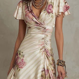 Abito midi in satin con motivo floreale, elegante e dallo stile retrò